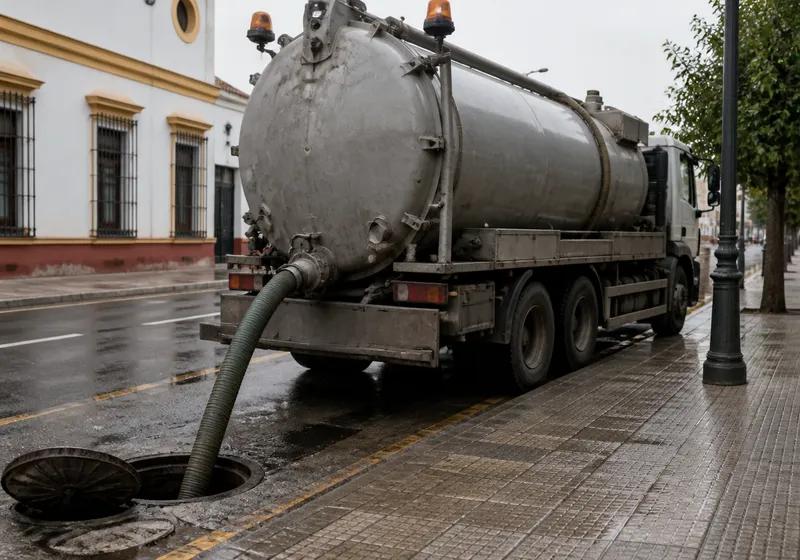 Camión cuba de agua residual estacionado junto a un registro en Sevilla