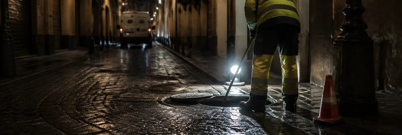 Servicio de desatascos urgentes en una calle mojada de Sevilla