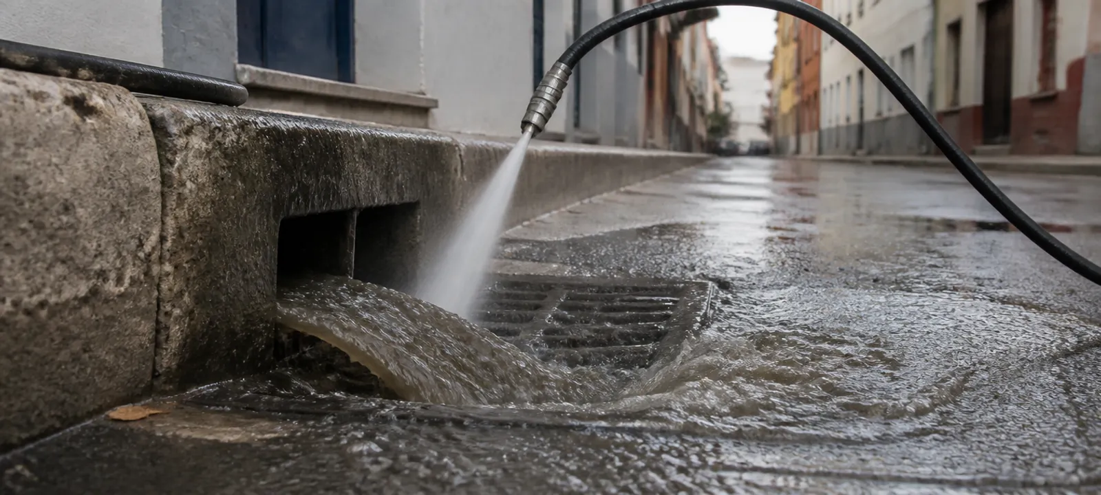Hidrolimpieza de un desagüe urbano en una calle de Sevilla