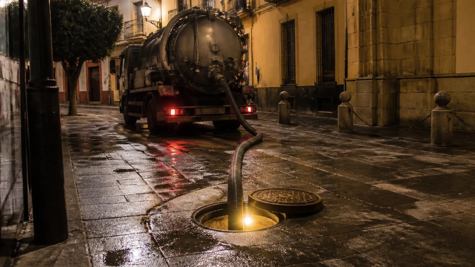 Equipo de desatascos trabajando de noche junto a una tapa de alcantarilla en una calle de Sevilla