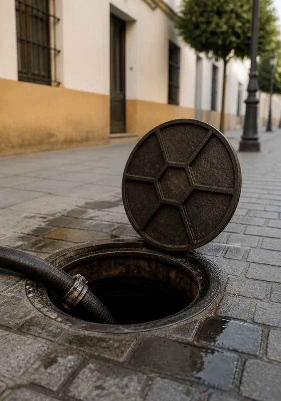 Registro de saneamiento abierto en una acera de Sevilla con manguera de succión