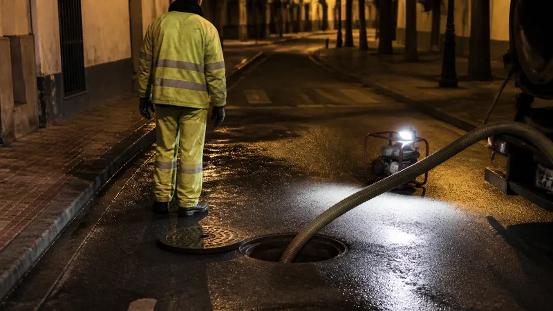Servicio de desatascos urgentes con iluminación de trabajo en una calle de Sevilla