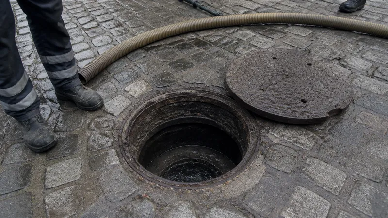 Inspección de alcantarillado desde un pozo de registro en una calle de Sevilla